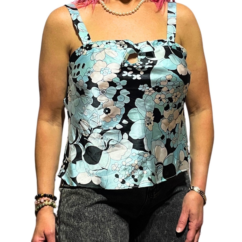 Y2k Silky Blue Floral Sleeveless Tie Front Tank Top Blouse